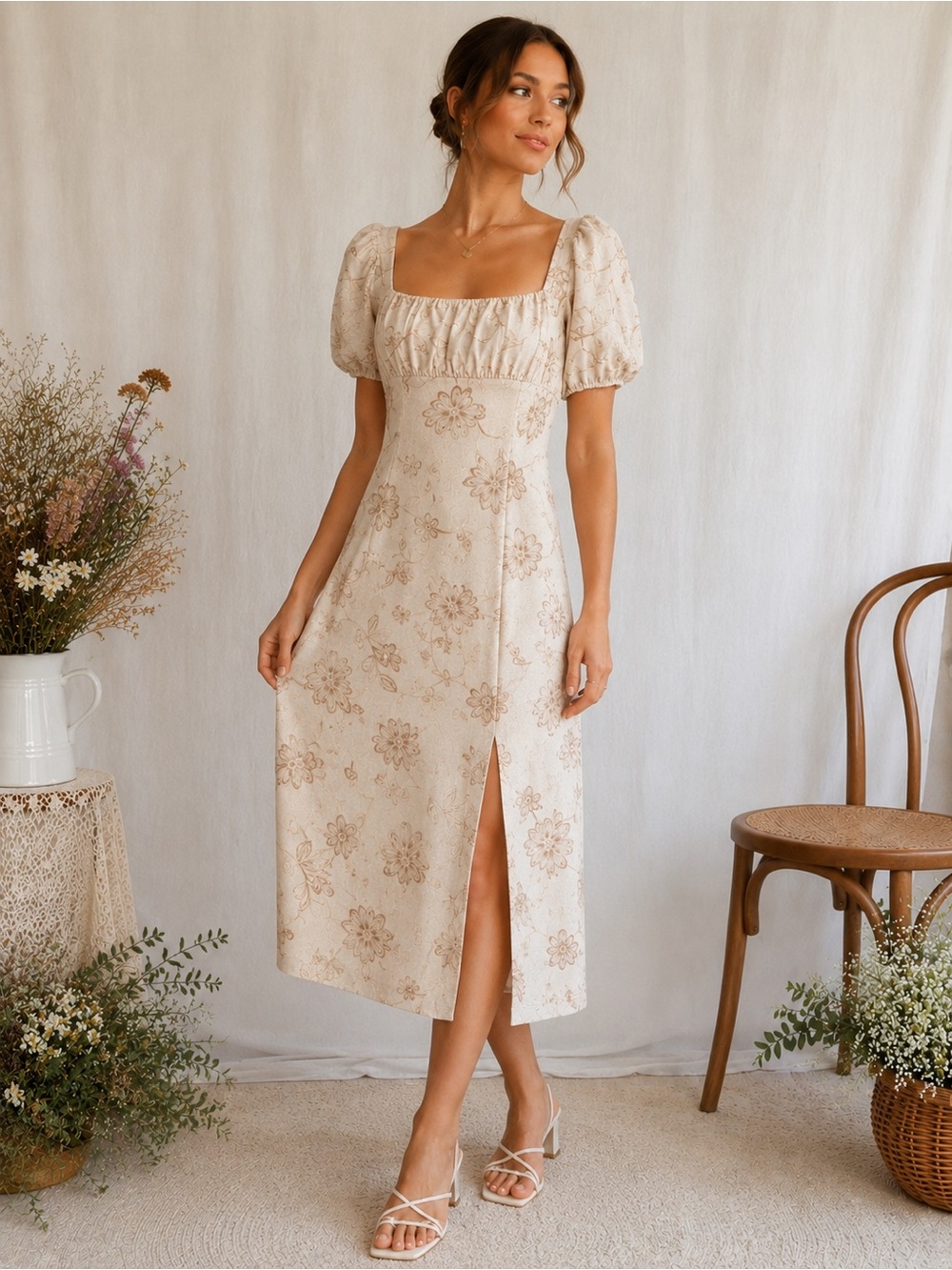 SHE X Linen Blend Embroidered Floral Midi Dress Puff Sleeve Cottagecore L